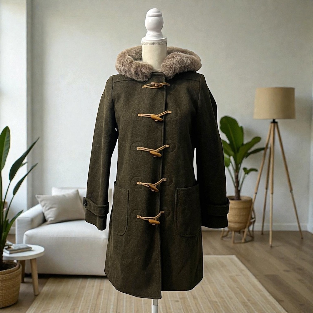 J.Crew Olive Wool Toggle Duffle Coat with Shearling Trimmed Hood‎ – Women's XS